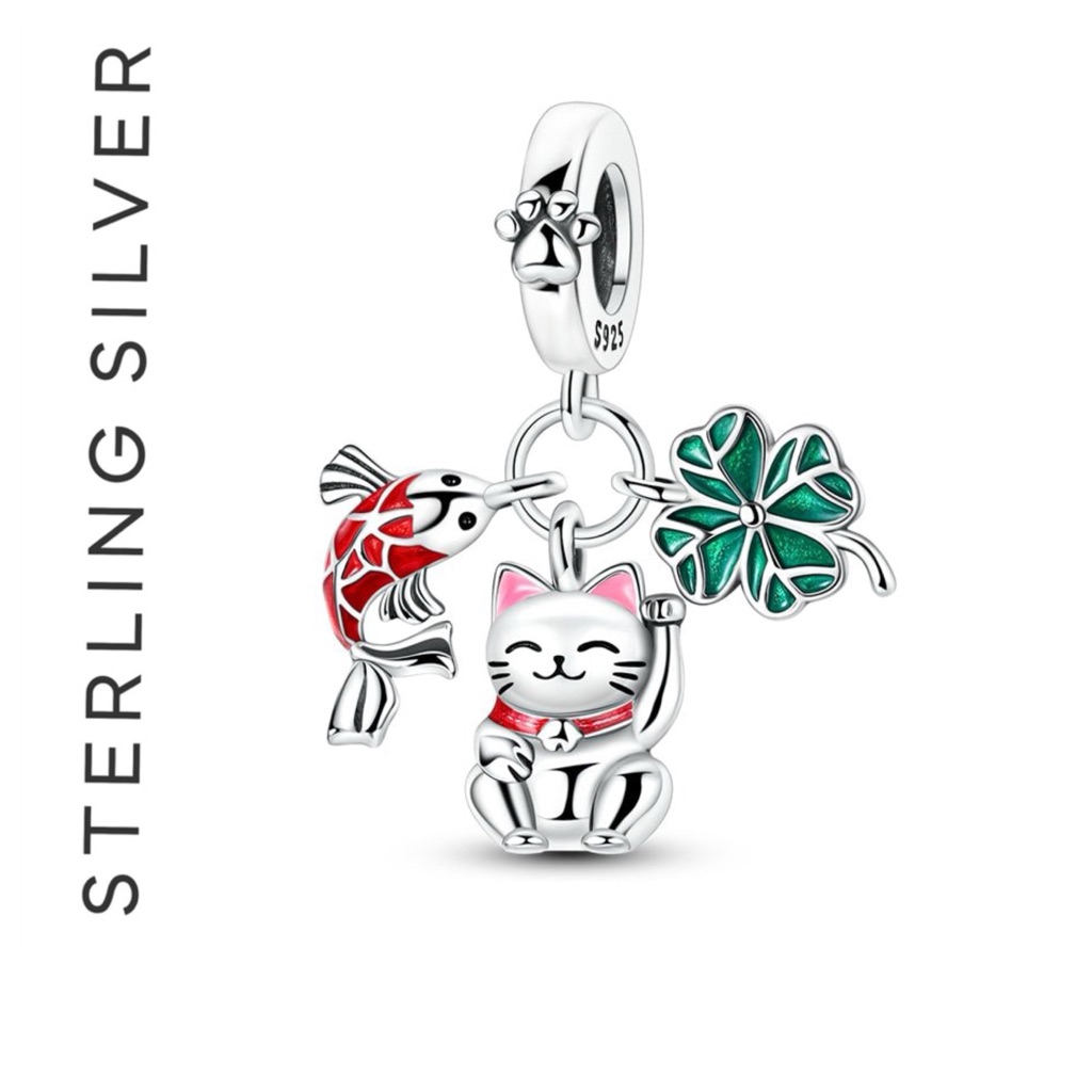 S925 Sterling Silver Four Leaf Clover, Lucky Cat, Koi Fish Dangle Charm